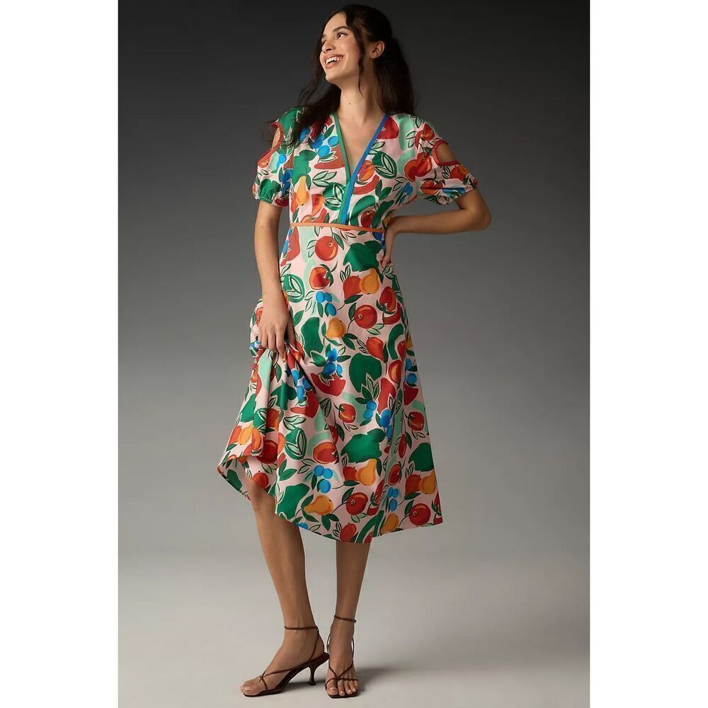 NEW Farm Rio x Anthropologie Short-Sleeve V-Neck Cutout Midi Dress Sz XS Fruit r